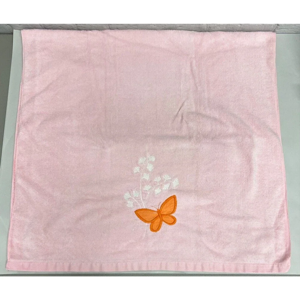 Vtg Fieldcrest Bath Towel Pink Orange Butterflies 1970’s 80’s Granny Chic